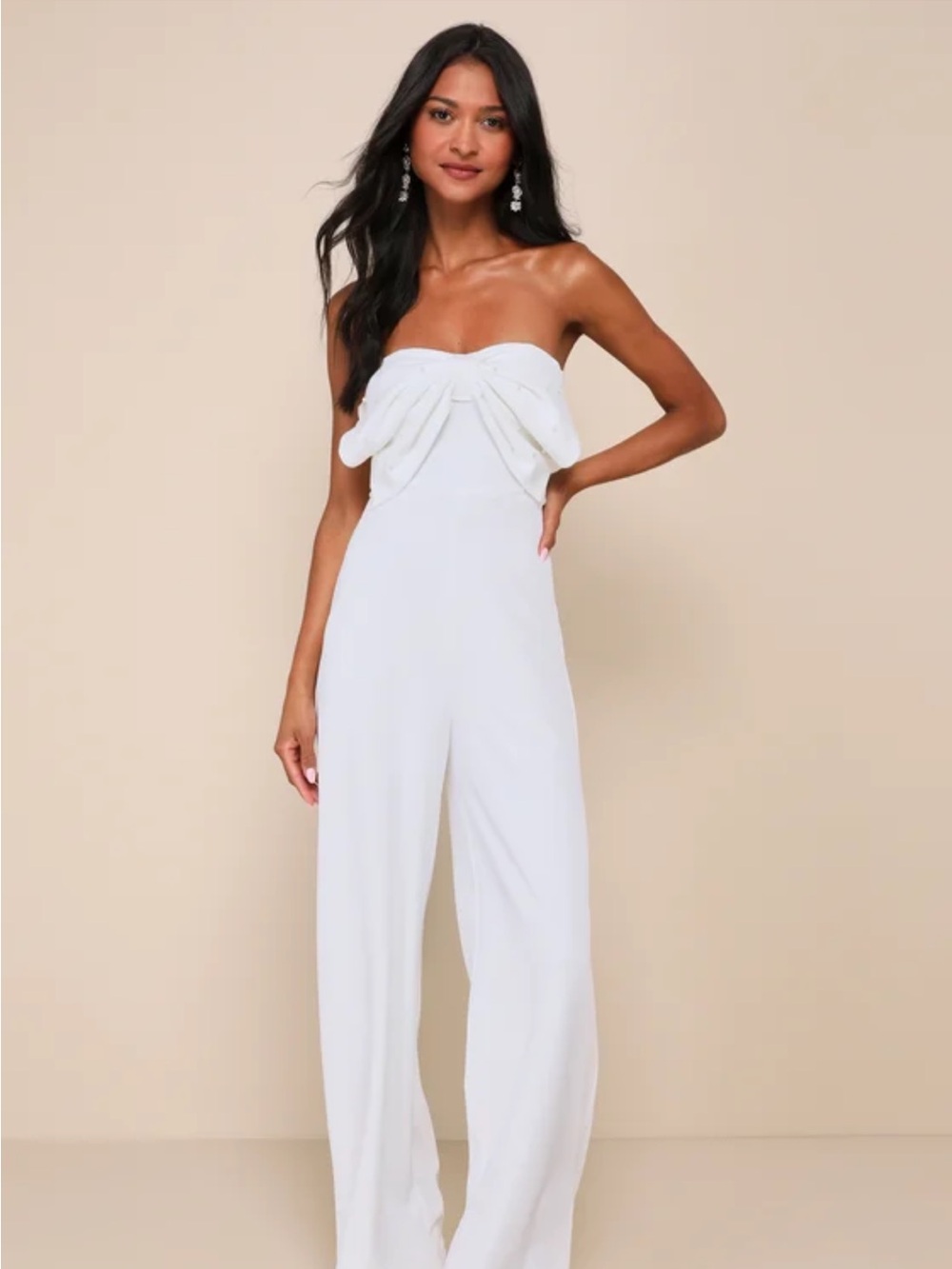 Lulu's White Strapless Jumpsuit with Front Bow